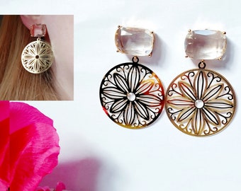 Large crystal stud with a drop of gorgeous floral pendant, Gold and glass statement summer dangle earrings, big circle dangling earrings