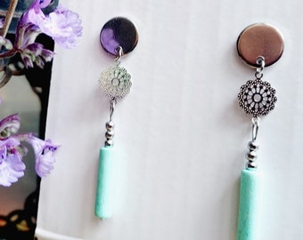 Unique long dangle earrings with turquoise blue beads, boho large round stud earrings with drop, earring lover gift for women / for her