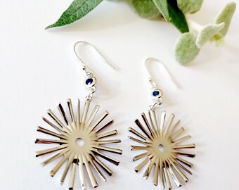 Earrings with a dangling charm, sun dangle earrings, shiny silver and blue jewellery, dark blue glass long earring, birthday gift for her