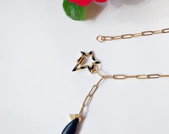 Chunky gold plated chain necklace with black dangle charm and star clasp, black and gold chain necklace for women, special gift for her