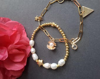 Gold Bracelet Set, Freshwater Pearl Bracelet, Gold Plated Star Seashell Charm Bracelet, Stackable Layered Bracelets, Gift for Her