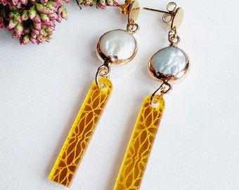 Pearl earrings with gold long drop studs and lightweight yellow floral pendant, unique pretty gift for her