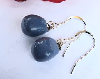 Slate blue drop earrings, handmade minimalist dangle earrings, glossy colour pop earrings, modern lightweight jewellery gift for her