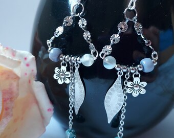 Unique beaded earrings with pendants and chains, floral dangle earrings for women, funky moonstone long drop earrings with fun medley design