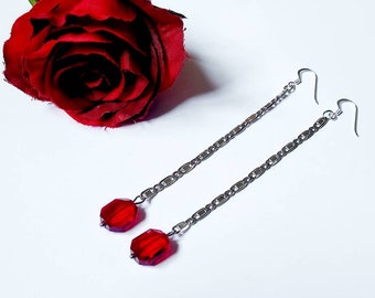 Extra long silver chain dangle earrings with ruby red gems, Long drop sterling silver chain dressy earrings for women, drop chain earrings