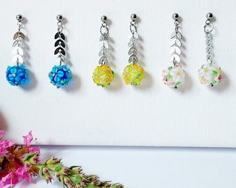 Leaf chain floral earrings on studs with dangle and drop, handprinted glass flower sphere beads on unique stainless steel chain for her