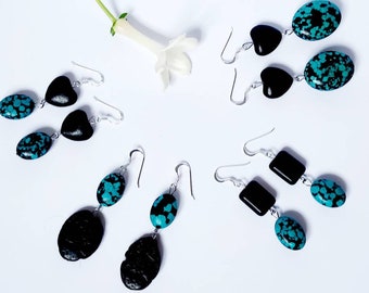 Black and turquoise large statement dangle earrings with gemstones, unique natural stone long drop dangly earrings, big jewellery for women
