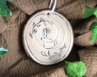 Cute Bunny Rabbit Lineart Wood Slice Illustration - Acrylic Paint - Painted Wood - Cottagecore Art - Woodlandcore - Wooden Coaster