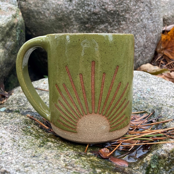 Solstice Mug: Large Handmade Pottery Mug with Sun Design - 20-24 Ounces in Variety of Colors