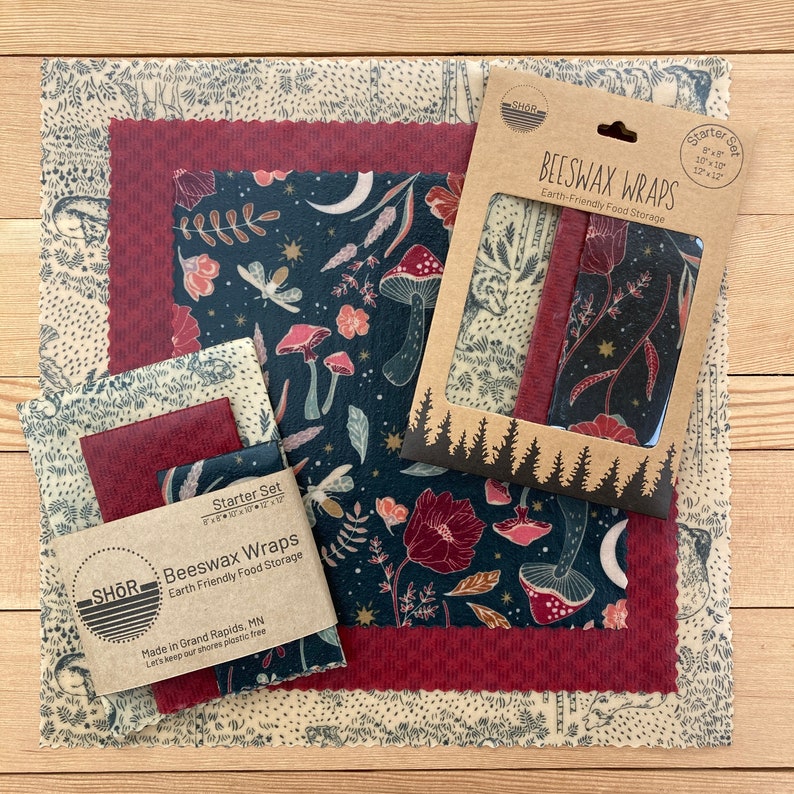 Beeswax wrap 3 pack in wildwood pattern, shown with packaging.