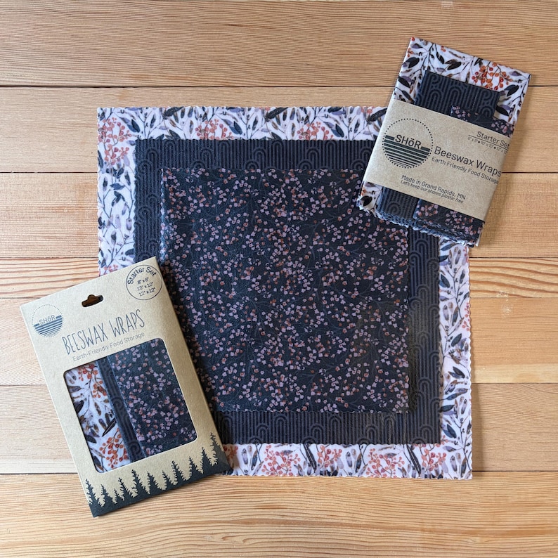 Beeswax Wrap Starter Set 3 pack with dark purple themed colors with small flowers and lines.