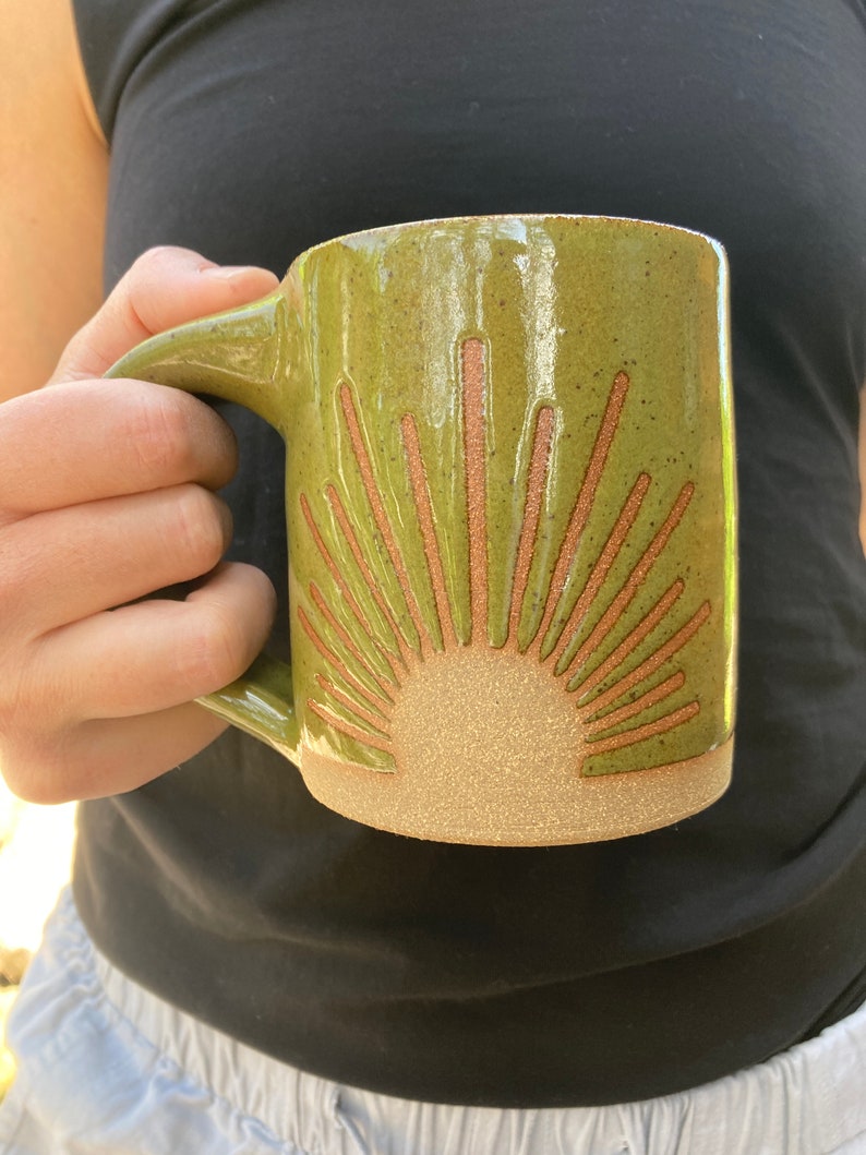 Solstice Mug Handmade Pottery Mug in Olive Green Speckle 12 ounce and 16 ounce sizes image 3