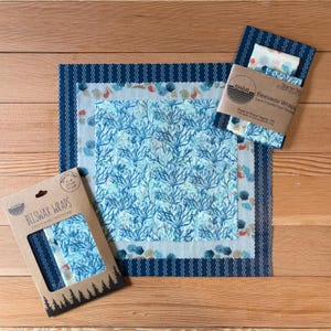 Beeswax Wrap Starter Set 3 pack with blue patterns of seashells and coral.