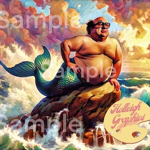 May include: A digital painting of a man with a green mermaid tail sitting on a rock in the ocean. The man is wearing a serious expression and has a large belly. The ocean is a vibrant blue with white waves crashing against the rocks. The sky is a mix of pink, orange, and yellow.