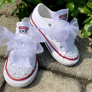 Flower Girl Shoes | Pearled Kids Shoe | Kids Wedding Shoe | Sheer Laces | White Pearls | Converse | Wedding Sneaker | Custom Shoes