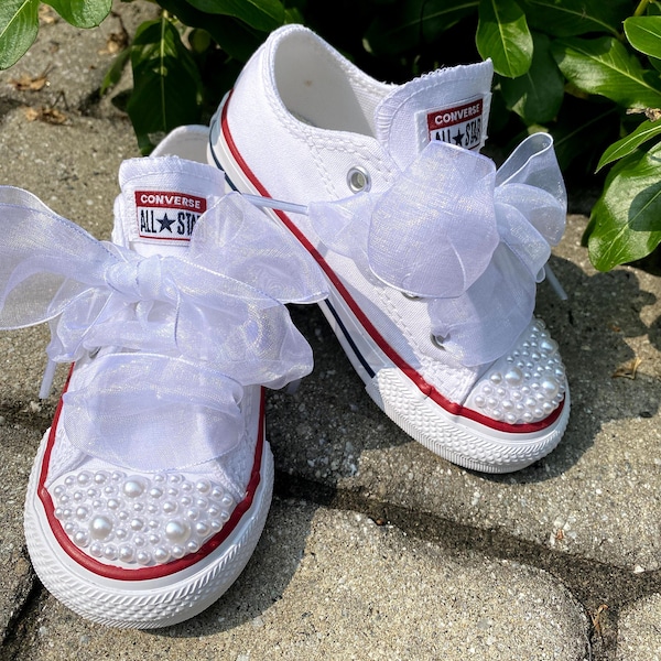 Flower Girl Shoes | Pearled Kids Shoe | Kids Wedding Shoe | Sheer Laces | White Pearls | Converse | Wedding Sneaker | Custom Shoes