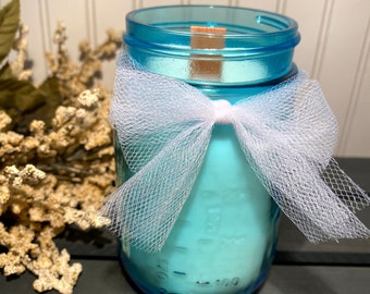 Antique Blue Mason Jar Candle | 100% soy | Wood Wick | White Ribbon | Customize It | Mason Jar Candle | Personalized Gift | Homemade