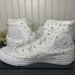 High Top Wedding Sneakers | White Pearl Encrusted | Personalization Heel Stripe | Sheer Laces | Custom Wedding Shoes