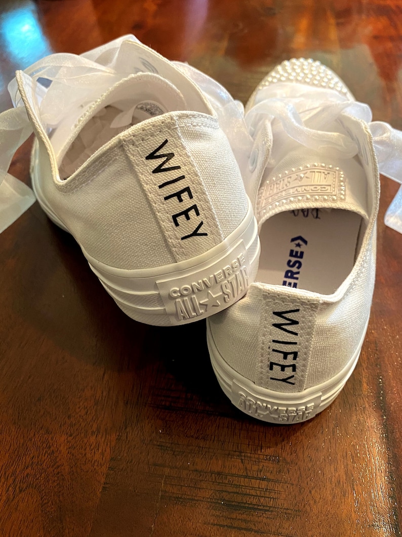 Wedding Shoes Pearl Encrusted Shoe Wifey Sheer Laces Personalized Shoe Converse Wedding Custom Shoes White Pearls image 5