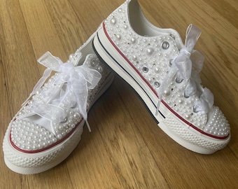 Pearled Flower Girl Shoes: Custom Wedding Sneakers pearls and rhinestones
