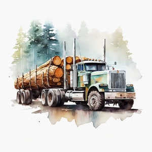 May include: A green and silver semi-truck hauling a load of logs through a watercolor forest. The truck is driving on a dirt road and the logs are stacked high on the trailer.