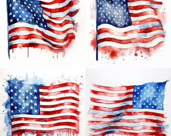 May include: Four watercolor paintings of the American flag. Each flag is painted with a different style and has a watercolor effect. The flags are all on a white background.