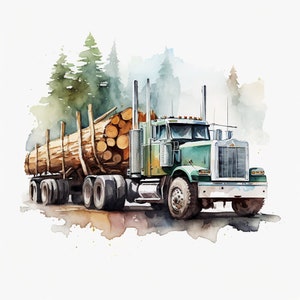 May include: A green semi-truck hauling a load of logs through a watercolor forest scene.