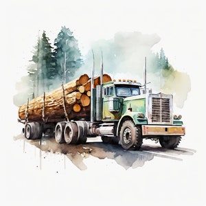 May include: A green and brown semi-truck hauling a load of logs through a forest. The truck is driving on a dirt road and there are trees on either side of the road.