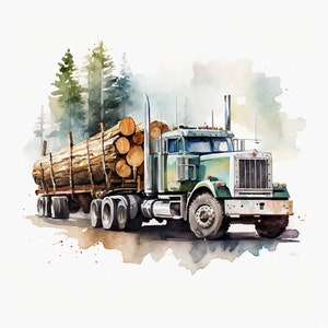 May include: A green and white semi-truck hauling a load of logs through a forest. The truck is driving on a dirt road and there are trees on either side of the road.