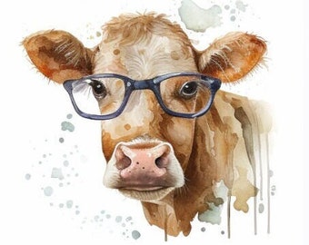 Cow in Glasses Clipart PNG Commercial Use Clip Art, Watercolor Cows, Digital Art Clipart, POD Allowed, Junk Journal Card Making
