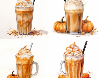May include: Four illustrations of pumpkin spice lattes with whipped cream and a sprinkle of cinnamon. Each latte is in a clear glass with a straw. The lattes are surrounded by pumpkins and fall leaves.