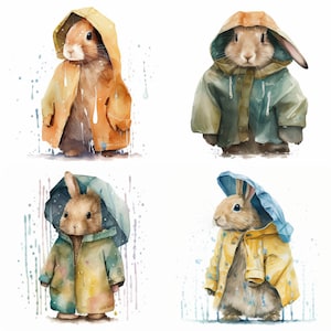 Rabbit Watercolor Wall Art Print Digital Rabbit Wall Print Design Clipart Rabbit Instant Download PNG Rabbit Clipart Bunny In Rain Coat