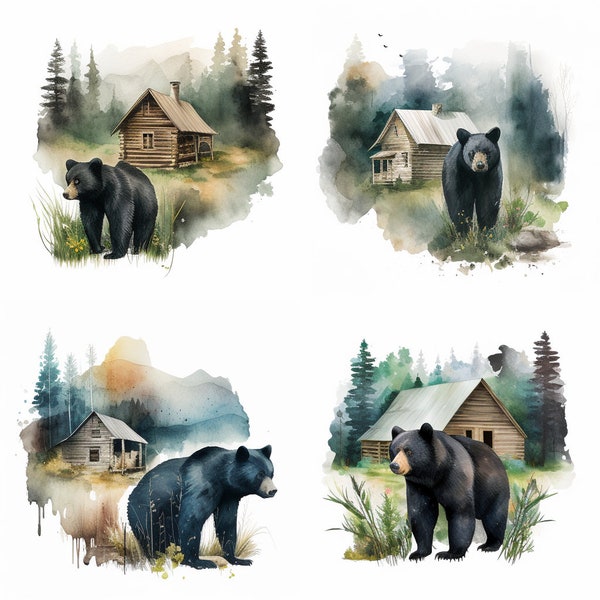 Watercolor Bear PNG Clipart Black Bear Watercolor Smokies Black Bear Print Black Bear Watercolor  Bear Clip Art Black Bear Cabin Decor