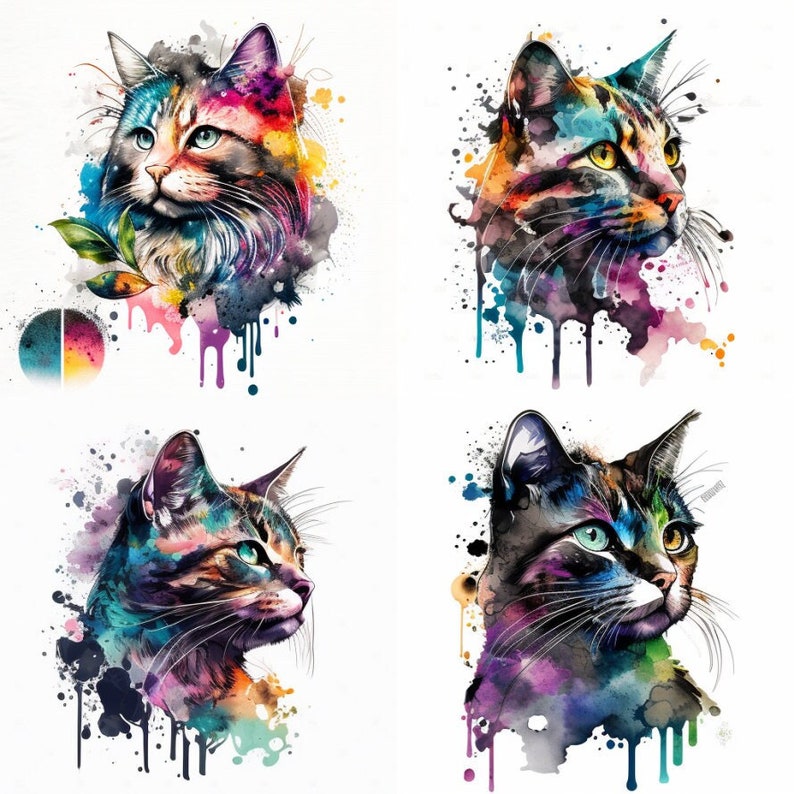 K&ouml;nnte beinhalten: Vier Aquarellbilder von Katzen mit bunten Farbschleudern. Jede Katze hat ein anderes Farbschema und eine andere Pose.