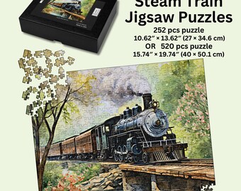 Steam Train on Bridge Painting Jigsaw Puzzle, gift for Model Train Fan Railroad Locomotive Engine Fan, Railfan Train Lover