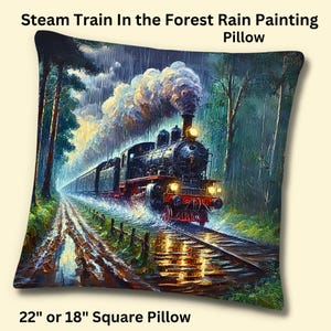 Dampfzug im Waldregen Gemälde, Premium Kissen, Geschenk für Dampfzug Fan, Eisenbahnmodellierer, Modellbahn Enthusiast Sammler
