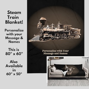 Manta marrón con nombre personalizado y locomotora de vapor para entusiastas de los trenes, regalo de cumpleaños, Navidad y día del padre, 2 tamaños