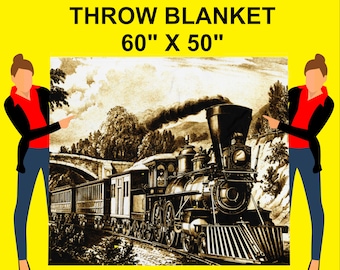 Vintage Steam Train, Throw Blanket 60" x 50", Train Fan Gift, Steam Engine Fan, Railroad Gift, Railway Gift, Fathers Day, Train Christmas,