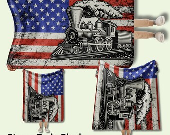 Vintage Steam Train on American Flag Sherpa blanket