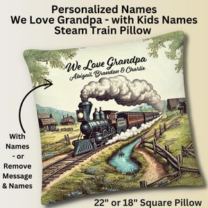 Personalisieren Sie Opa Name & Kindernamen auf Steam Train Premium Kissen, tolles Geschenk für Steam Train Fan, Eisenbahnmodellierer, Railfan,