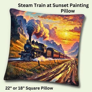 Dampfzug bei Sonnenuntergang Gemälde, Premium Kissen, Geschenk für Steam Train Fan, Eisenbahnmodellierer, Modellzug-Enthusiasten, Zugsammler
