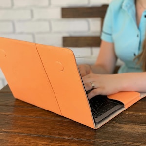 Personalized  leather Macbook Pro 13&quot; 2020 cover, Macbook Air Retina orange case for women, Best gift ideas