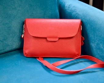 Red Small Leather Crossbody Bag, Minimalist Shoulder Bag, Best gift ideas, Christmas gifts.