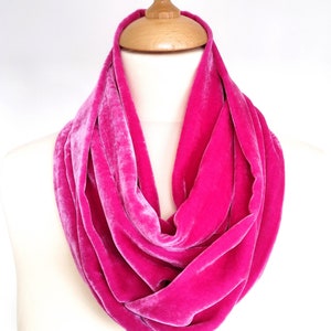Luxurious pink silk velvet infinity scarf , hand made in Scotland