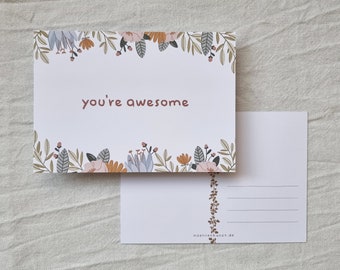 Postal - You're Awesome / A6 Postcard, Greeting Card, Matte Postcard, Floral Postcard, Thank you Card, Penpal, Gift for her, Papelería