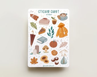 Sticker Sheet - October | journal stickers, calendar, planner stickers, seasonal stickers, fall stickers, cozy illustration, autumn