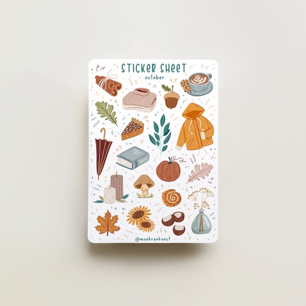 Sticker Sheet - October | journal stickers, calendar, planner stickers, seasonal stickers, fall stickers, cozy illustration, autumn