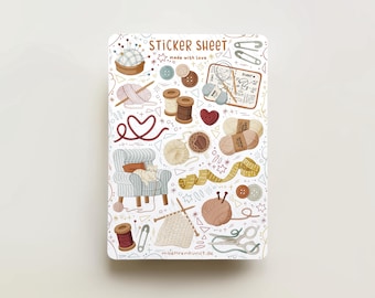 Feuille d'autocollants - Fabriqué avec amour | autocollants de journal, calendrier, agenda, scrapbooking, art cosy, illustration, tricot, crochet, création manuelle