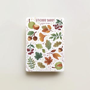 Könnte beinhalten: Ein Stickerbogen mit Illustrationen von Herbstlaub. Das Design umfasst verschiedene Blätter, Eicheln, Kastanien und Beeren in Grün-, Braun- und Orangetönen. Der Text "STICKER SHEET" und "autumn foliage" ist oben abgebildet.