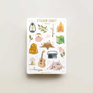 Hoja de pegatinas: pegatinas para camping, diario, calendario, planificador, temporada, verano, viajes, bosque, vacaciones, arte.